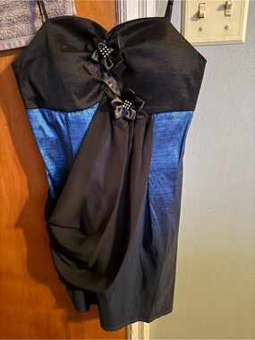 Black and Blue Strapless Mini Dress with Floral Embellishments
